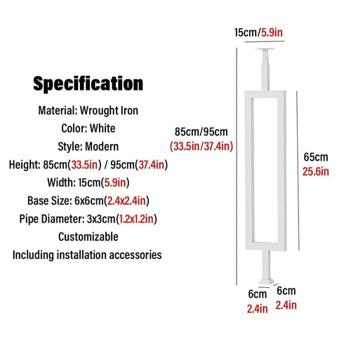 White Floor Mount Stair Spindles With Included Screw Kit Rock Solid Metal Balusters showing specifications, dimensions, and design.
