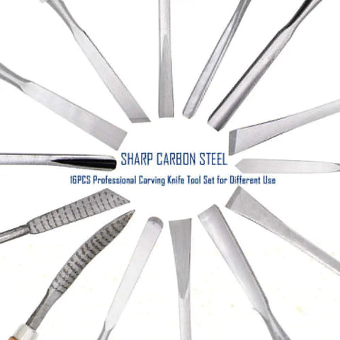 Heavy Duty 16 Piece Wood Carving Tool Set With Premium Handles Sharp Chisels And Gouges Includes Wooden Mallet And Whetstone, sharp carbon steel chisels arranged in a circle.