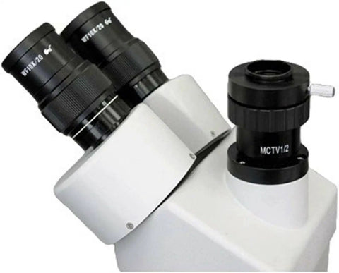 0.5X C-Mount Lens Adapter For Video Cameras And Microscopes, Plug And Play Focus Adjustable Accessory For Crisp Imaging, 1 Inch Camera Mount, Wide Compatibility With Microscope Video Setups And Cameras attached to a microscope