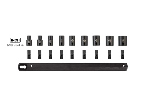 Inch sockets from the Three Eighth Inch Drive 12 Point Impact Socket Set Thirty Four Piece With Rails, 5/16 to 3/4 inch.