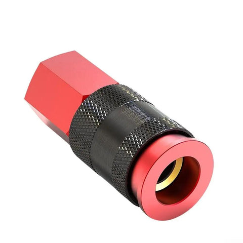 Straight Up Heavy Duty 7.5 Meter Retractable PU Air Hose Kit With Auto Rewind Mechanism Keeps Coils Tangle Free At Workshop Bench Plus Quarter Inch Quick Fit Connection Tips That Withstands Oil And Grease Without Kinking Around Your Tools And Gear. Red brass quick-fit air hose tip