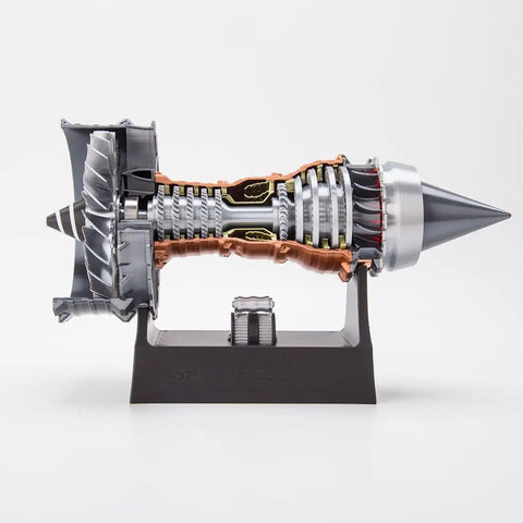 Side view of TR900 Aero Aircraft Engine Model Kit That Actually Runs, 50 Plus Pieces, Functional Jet Turbofan on display