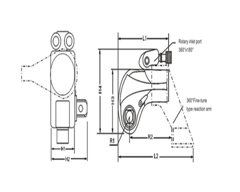 Heavy Duty Hydraulic Torque Wrench With Square Drive Electric Pump Built Like Iron Using Lightweight Alloy Steel And Featuring A Smooth 360 Degree Swivel Head For Zero Drama Bolt Work diagram with dimensions and swivel arm details.