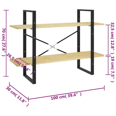 Solid Pine Wood Two Shelf Book Cabinet With Industrial Style Storage for Books and Magazines dimensions labeled