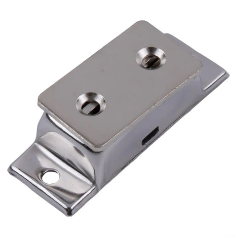 Close-up of Heavy Duty Magnetic Door Catch For Cabinets And Closets Stainless Steel Latch with screw holes, rust-resistant 304 steel.