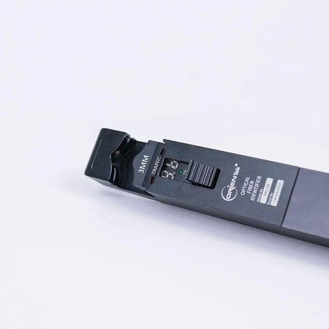 Close-up of TFI-35 Pro Grade Optical Fiber Identifier with 4 adapters for bare fiber, showcasing its testing features, in black.