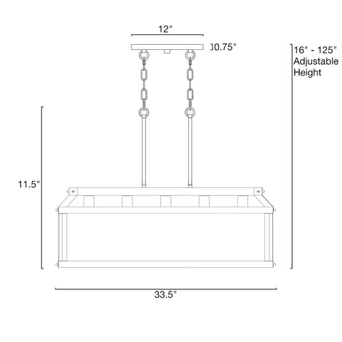 Dimensions diagram of Issac 34 Inch Five Light Farmhouse Island Light in Smoked Birch Finish with black accents.