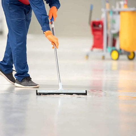 Top Shelf Heavy Duty Floor Cleaning Kit With Stripper Sealer Polish And Cleaner Four Gallon Set solid setup for kitchens, someone mopping a floor.