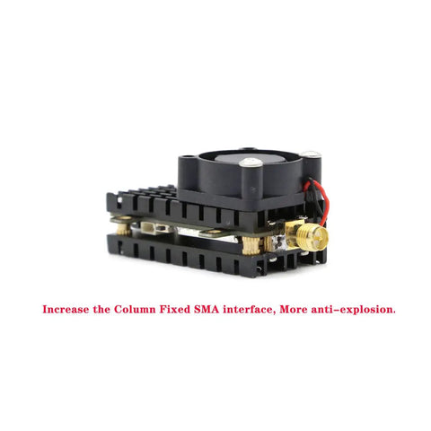 Beefed-Up 5.8 Gigahertz 2000mW FPV Transmitter for Drones, 8-Channel Video TX with 5dBi SMA Antenna, heat sink, side view