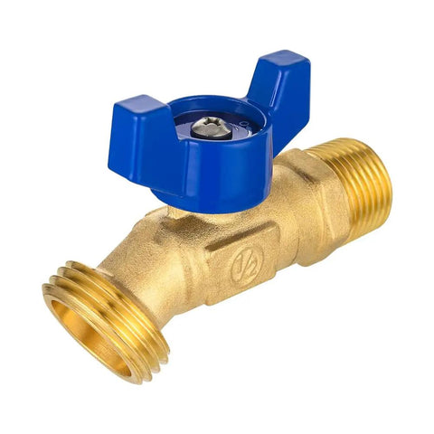 Pro Level Outdoor Spigot With One Half Inch Male Npt Inlet Plus Three Quarter Inch Male Ght Hose Bibb Fitting, brass with blue handle.