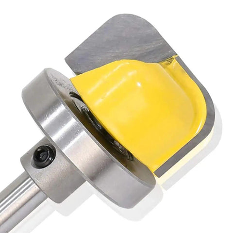 Close-up of 1/4 Inch Shank Bowl And Tray Template Router Bit With Bearing Guide For Dish Carving 1/4 Radius, showing cutter and guide.