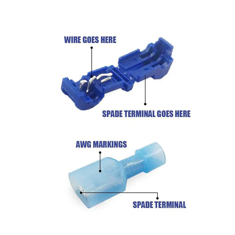 Blue T Tap Wire Connectors Kit 60 Pieces 30 Pairs Self Stripping Plug And Play Ready Quick Wire Splice Taps and spade terminal detail