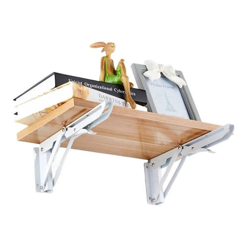 Heavy Duty Folding Shelf Brackets 4 Pack, Stainless Steel Collapsible Wall Mount Hardware for Tables, side view with items