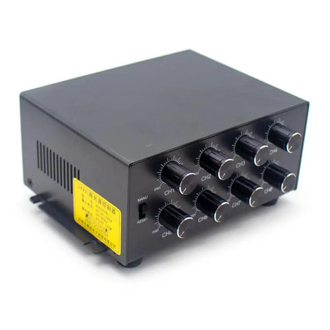 Beefy 8 Channel Microscope LED Driver With Dimming Switch 24V DC For Machine Vision And Stereo Microscopes PCB Inspection And Laboratory Lighting Systems Ideal For Research Labs And Manufacturing Quality Control, black metal box with 8 knobs