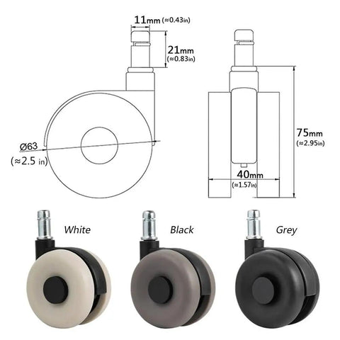 Rock Solid Office Chair Replacement Casters With Silent Rubber Tires Set Of Five, showcasing 2.5 inch wheels in white, black, and grey.