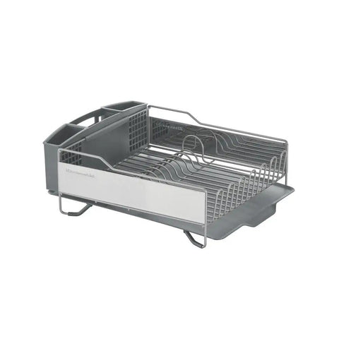 Full Size Countertop Dish Rack Heavy Duty Organizer With Angled Draining Surface Removable Utensil Basket Non Slip Base Slick Rust Resistant Finish Straight Up Effortless Drying System In Light Grey side view collection of dishes