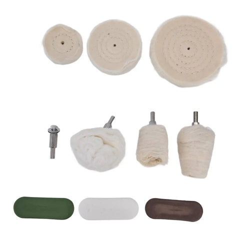 Hardcore 10 Piece Cotton Flannel Buffing Wheel Kit Includes Heavy Duty Wax Rod To Score That Slick Mirror Shine On Marble Glass And Stainless Steel Without The Hassle, featuring various buffing wheels and wax sticks.