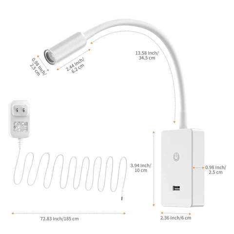 Wall Mounted Bedside LED Reading Light With Touch Dimming And Dope USB Port Flexible Gooseneck Four Brightness Levels Neutral White 4000K Space Saving Headboard Lamp For Bedroom dimensions and features.
