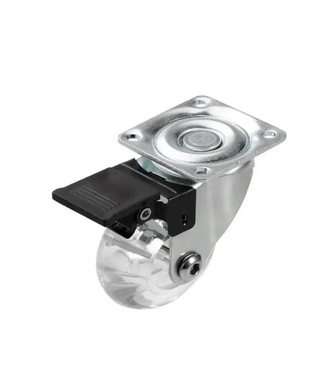 4 Pack 3 Inch PU transparent crystal wheel caster with brake for furniture and cabinets, shown at side angle.
