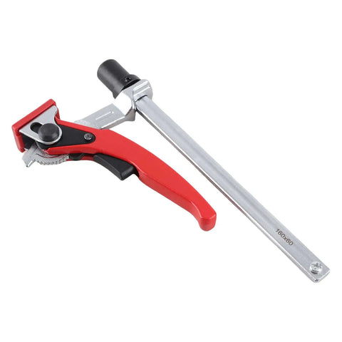 Ratcheting Table Clamp For Woodworking, 20mm Dog Hole Bench Dog Clamp with red handle and alloy steel, MFT Style Workbench Clamp