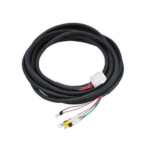 Servo motor power cable with holding brake, 2m standard cable, black jacket, multi-color leads and white connector.