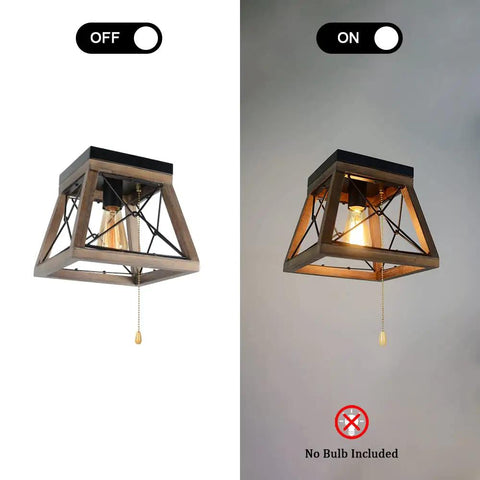 Rustic Wood Farmhouse Ceiling Light With Pull Chain 1 Light Small Square Black Flush Mount off and on view