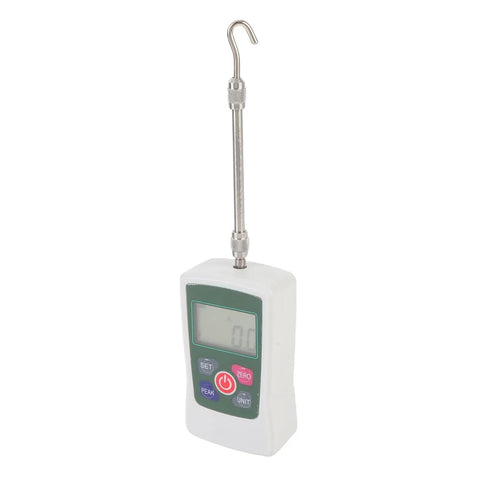 Digital Force Meter 100N Push Pull Tester With Backlit Display Auto Shutdown Upper And Lower Limit Settings 0.1N Resolution 1 Percent Accuracy Ideal For Workshop Lab And Repair Bench Force Testing. White ABS digital force meter with hook probe and LCD display