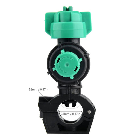 Close-up of All Purpose Hose Sprayer With Adjustable Jet And Dosing Nozzle, 22mm size, green plastic and black zinc alloy body.