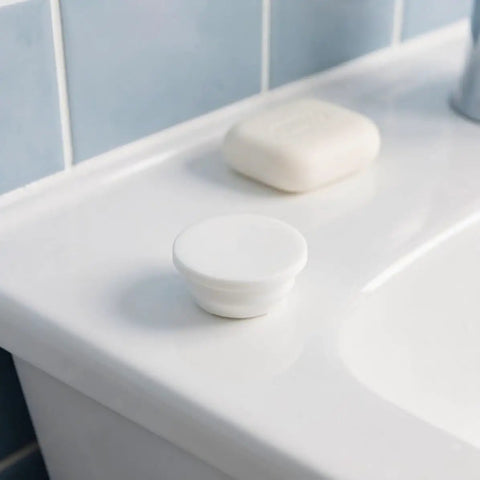5pcs White Silicone Bathtub Seal Plug for 30-31mm Round Holes on a countertop beside a bar of soap.