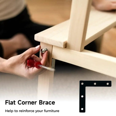 Hand using screwdriver on Heavy Duty L Shaped Corner Braces Set, 20 Pcs 3-1/8 Inch Right Angle Brackets With 100 Screws, Black.