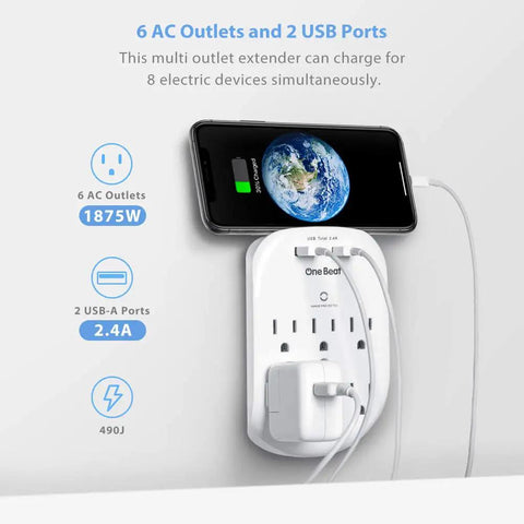 Six Outlet Surge Protector Power Strip With Two USB Ports Fast Charge 2.4A 490 Joules Surge Protection ETL Listed for home