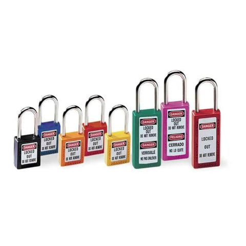 Heavy Duty Lockout Tagout Safety Padlock Green OSHA Compliant Non Conductive Thermoplastic Body Built Like A Tank Rock Solid Industrial Security Gear For Frontline Crews displayed in multiple colors.