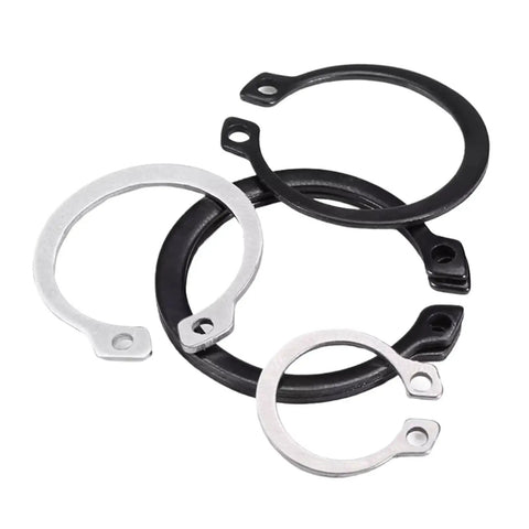 Heavy Duty C Type Shaft Retaining Rings For 6-40mm Applications fits cars and lawnmowers, steel clips in silver and black colors.