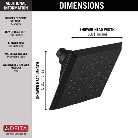 5 Setting Matte Black Shower Head With H2Okinetic PowerDrench Spray Delivers 3X Coverage, 6 Inch Square Showerhead dimensions