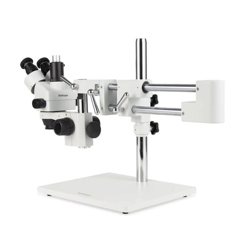 Pro Grade Trinocular Stereo Zoom Microscope With Boom Stand Long Working Distance For Big Parts Like Circuit Boards And Dental Appliances 10X Widefield Eyepieces Adjustable Interpupillary, side view