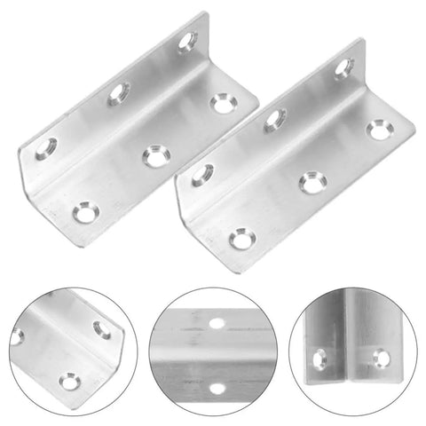 Close-up of 8 Pcs Stainless Steel L Brackets For Cabinets And Furniture 90 Degree Corner Braces with circular detail views