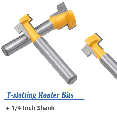 Five Piece T Slot Router Bit Set For T Track Grooving With Tough Carbide Cutters That Drop Dead Smooth Cuts On Plywood Mdf And Hardwood For Zero Stress Bolt Setup In Any Workbench Shop, showing 1/4 inch shank router bits.