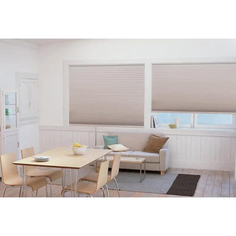 Room with installed No Tools Easy Lift Cordless Pleated Shade For At Home Window Coverage, 1 1/4 Inch Pleats, Natural Fabric, Light Blocking