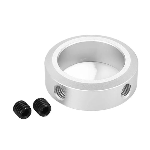 Solid Heavy Grip Aluminum Alloy Shaft Collar With Set Screw Fixing Ring Fits 6 To 30MM Rods For Machine Tools And Gearboxes Anodized Surface Keeps Things Locked Down Tight One Piece Clamp With Serious Hold Power For Real Jobs. silver aluminum shaft collar with two set screws, shown with black screws
