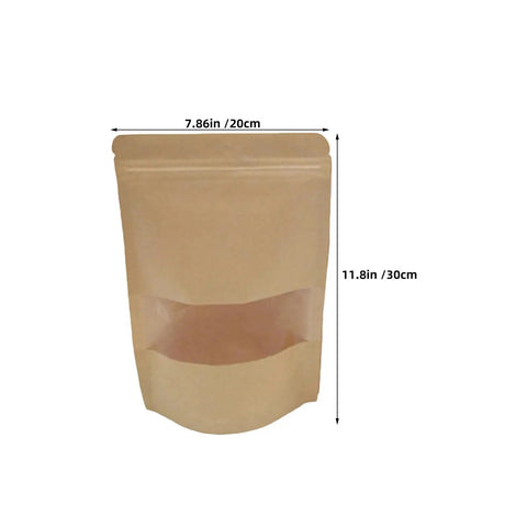 Resealable Kraft Paper Bags With Clear Window For Food Storage And Pantry Organization Pack Of 50, shown with dimensions.