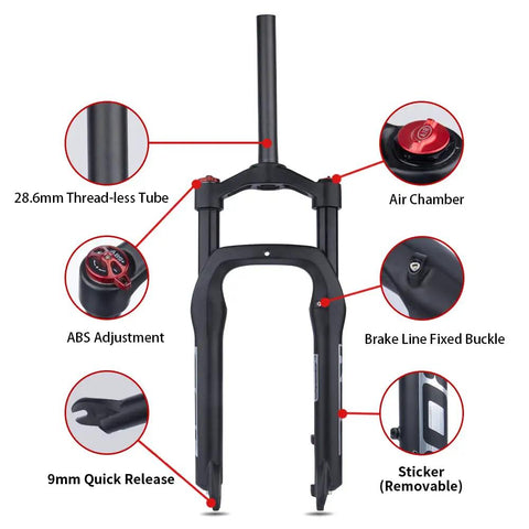 Snow Beach Fat Bike Front Suspension Fork with 120mm travel, 135mm spacing, detailed view with air chamber and quick release
