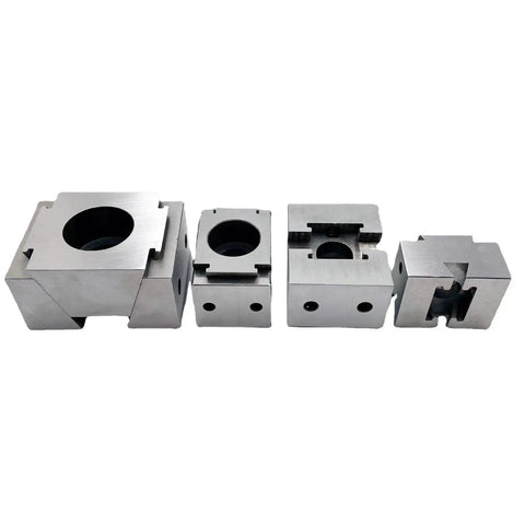 Four Pack Built Tough CNC Vise Clamp Blocks Slick Aluminum Alloy Wedge Expander Setup For Square And Round Metal Stock, assorted sizes.