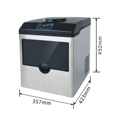 Compact Countertop Ice Maker Machine Cranks Out Chilled Nugget Ice Super Fast With Smooth Self Cleaning Routine Low Noise Portable, stainless steel design, dimensions shown.