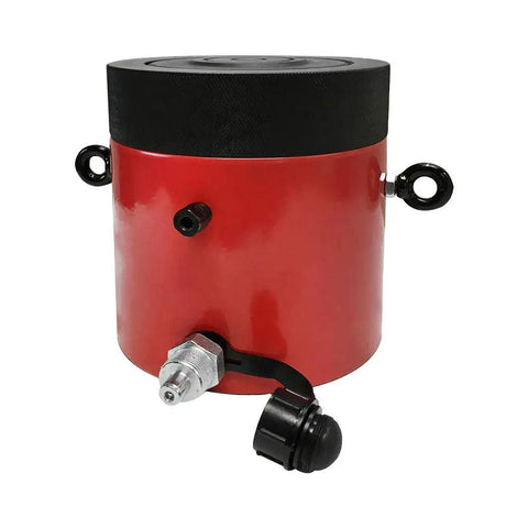 Heavy Duty Hydraulic Cylinder Jack With Lock Nut 150 Ton Lift Capacity And 2 Inch Stroke Rock Solid Bottle Ram side view showing ports and handle.