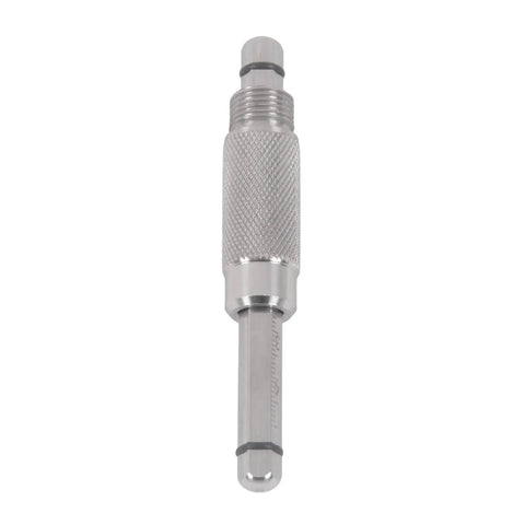 Close-up of 14mm Top Dead Center Timing Gauge TDC Tool For Spark Plug Thread, featuring knurled stainless steel body for precise ignition timing