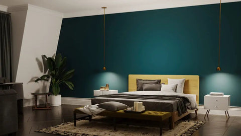 Baland 4 Inch 1 Light Mini Pendant In Brushed Natural Brass over a modern bedroom, featuring a sleek and compact design.