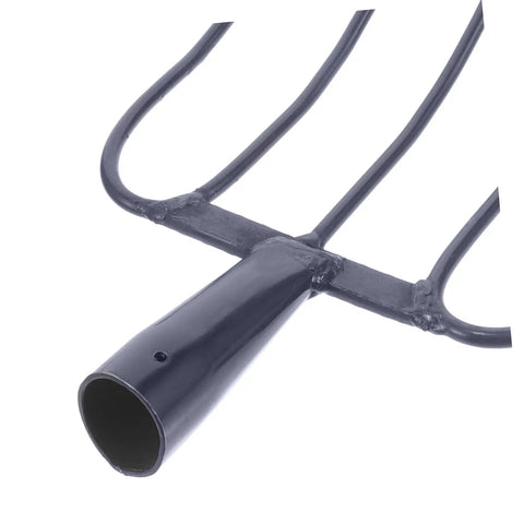 Close-up of Heavy Duty Iron Manure Fork Pitch Fork For Lawn Maintenance And Rural Use, showcasing durable iron fork tines.