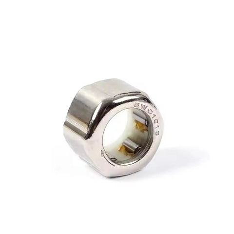 10x16x12 mm One-Way Needle Roller Bearing With Steel Cage Guides shown at an angle, highlighting its steel design for axial load support.