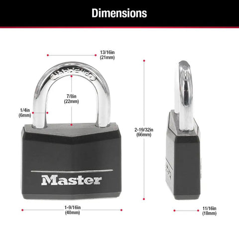 Covered Padlocks With Key For Outdoor Use, 2 Pack, All Weather Locks With Vinyl Covered Aluminum Body And Hardened Steel Shackle, Model 141T shown with dimensions.