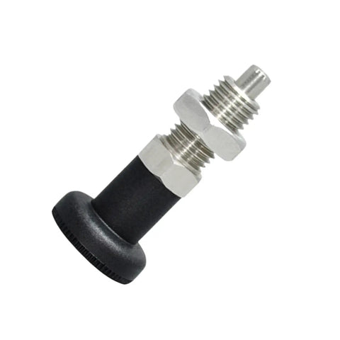 The Real Deal Stainless Steel Self Locking Knob Plunger With Spring Return Indexing Pin And Fine Thread Screw, compact design, M12 size.